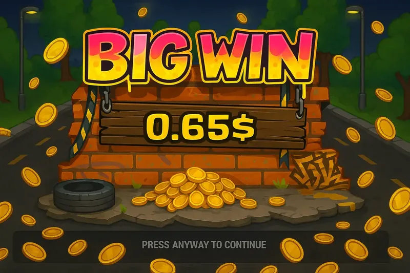 The BIG WIN screen from the Chicken Royal game, displaying a win of 0.65$. The scene is an urban street at night, with a pile of gold coins in front of a broken brick wall.