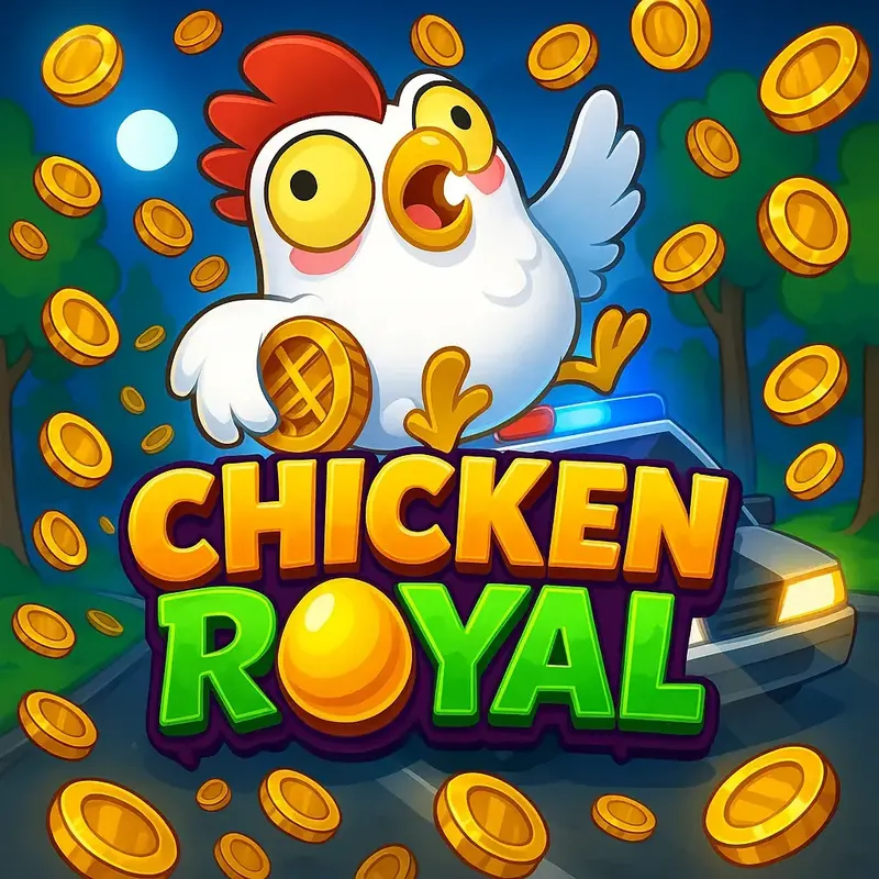 Promotional art for the Chicken Royal game. A cartoon chicken runs down a road at night, pursued by a police car with flashing lights, while gold coins rain down from the sky.