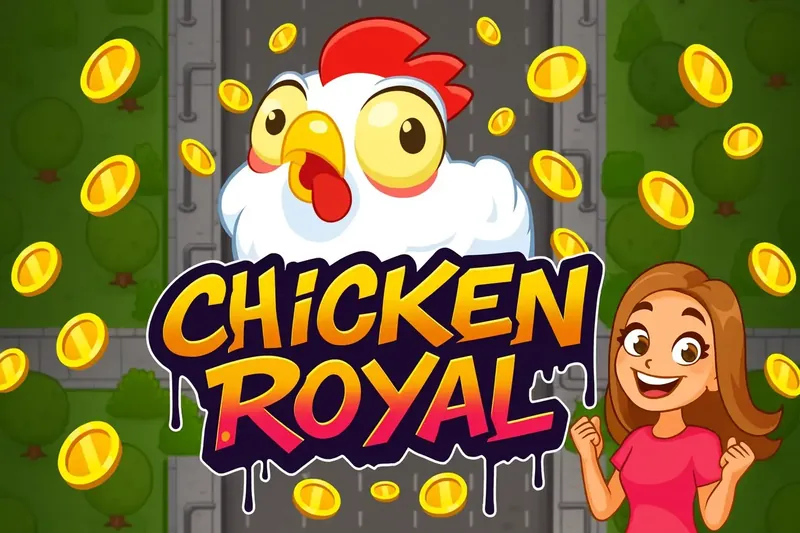 Promotional banner for the Chicken Royal game. A happy cartoon woman celebrates alongside the main chicken character, with the game's graffiti-style logo and gold coins floating over a road.