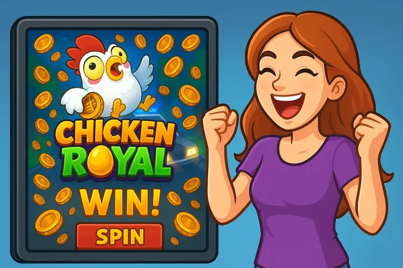 A joyful cartoon woman celebrates a victory in the Chicken Royal game. She stands next to a tablet that displays a winning screen with the chicken character and a SPIN button.