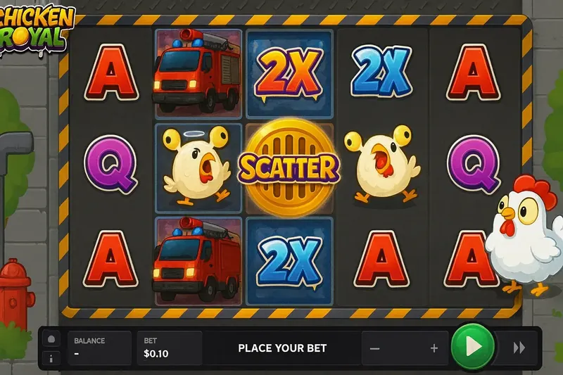A screenshot of the Chicken Royal slot game interface. The reels display symbols like fire trucks, 2x multipliers, scatter manhole covers, and letter symbols (A, Q). The chicken character stands on the sidewalk next to the reels.