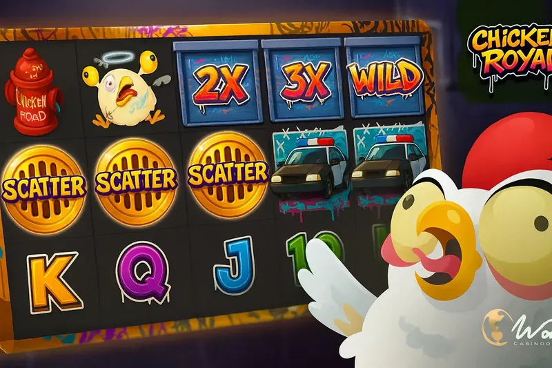 A close-up of the Chicken Royal slot game reels. Fun symbols include graffiti-style multipliers, a WILD, scatter manhole covers, police cars, and a cartoon chicken with a halo.