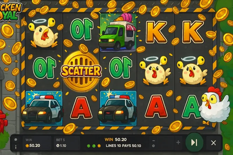 A screenshot of a winning spin on the Chicken Royal slot game. The reels are filled with symbols like police cars and angel chickens, resulting in a 50.20 win, as shown on the game's dashboard.